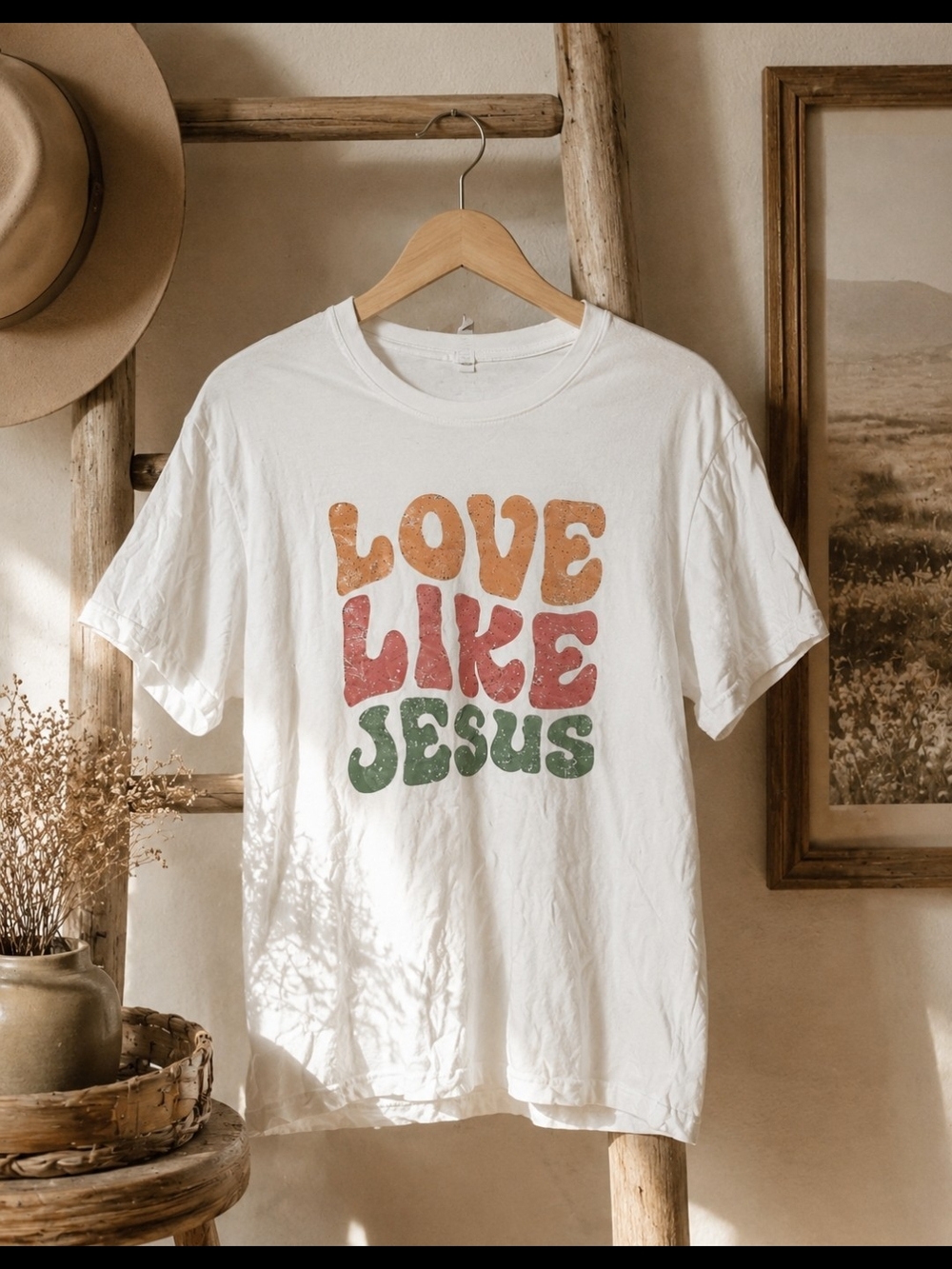White Graphic Tee "Love Like Jesus" Christian Retro Inspired - Picture 1 of 4
